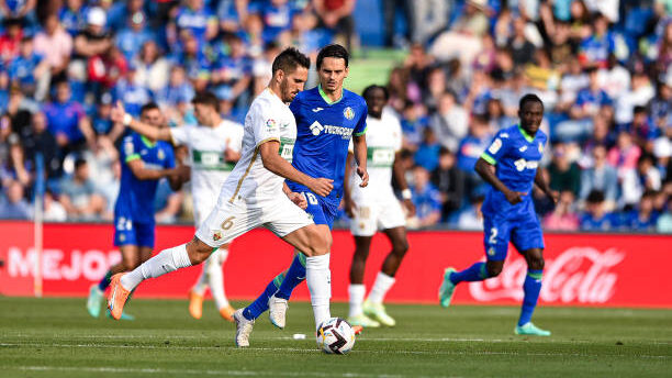 Pedro Bigas during the La Liga match between Getafe CF and Elche CF at Coliseum Alfonso Perez on May 20, 2023 in Getafe, Spain. (Photo by Ruben de la Fuente Perez/NurPhoto via Getty Images)