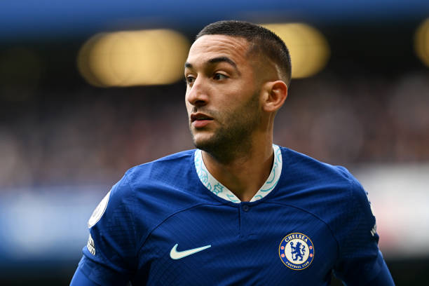 LONDON, ENGLAND - MAY 13: Hakim Ziyech of Chelsea looks on during the Premier League match between Chelsea FC and Nottingham Forest at Stamford Bridge on May 13, 2023 in London, England. (Photo by Darren Walsh/Chelsea FC via Getty Images)